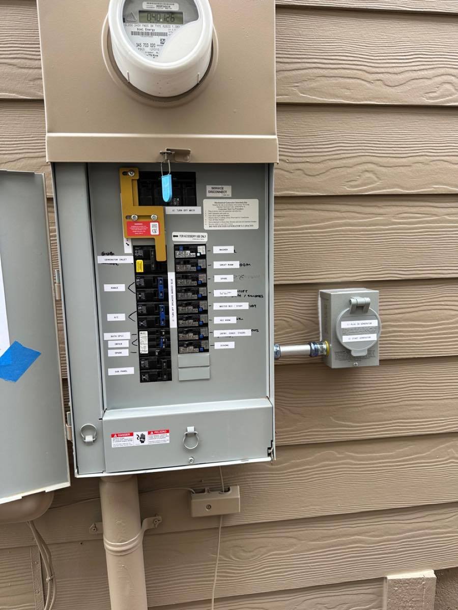 Electrical panel with a generator interlock fitted and every breaker labeled